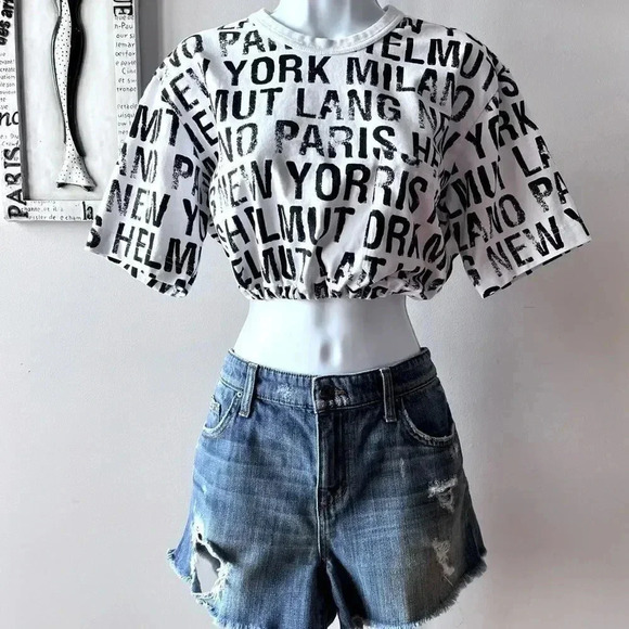 Helmut Lang Tops - Helmut Lang Women’s Upcycled All Over Logo Cropped Short Sleeve Cotton T-shirt S